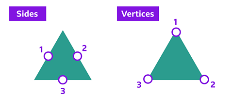 A triangle labelled with 3 sides and 3 vertices.
