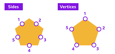 A pentagon labelled with 5 sides and 5 vertices. 