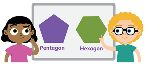 Two characters looking at a Pentagon and a Hexagon