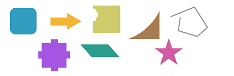 An array of different shapes. 3 shapes has straight sides that meet at vertices. the other 3 have sides that are not straight or are not a closed shape