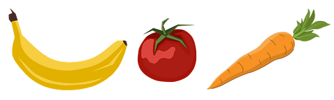 A banana, a tomato and a carrot