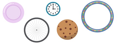 Circular objects including a frisbee, beach ball, clock, football and hula hoop.