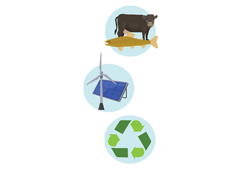 An infographic about farming and the environment showing a cow, a fish, a wind turbine, a solar panel and a recycling logo.