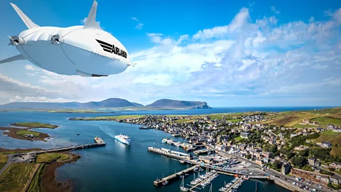 HAV Visualisation of Airlander in sky above harbour town (Credit: HAV)