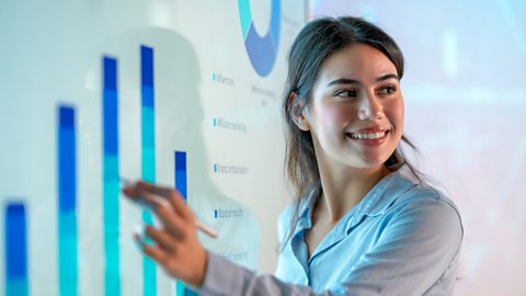 A lady giving a presentation on an interactive white board of reliable marketing research