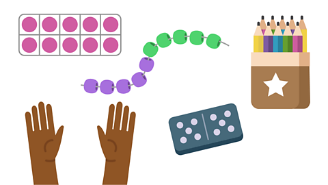 10 fingers, 10 frame, 10 on a domino, 10 pencils in a pack, 10 beads on a string.