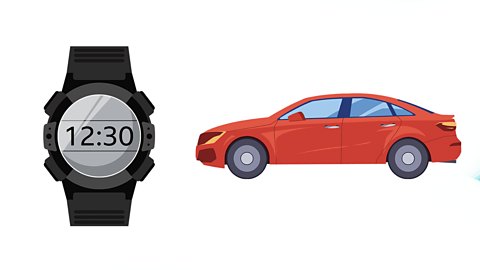 An illustration of a stopwatch and a red car.