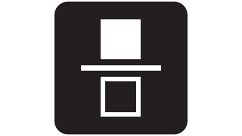A calculator fraction button: A filled in square above an empty square with a fraction dividing line between the squares.