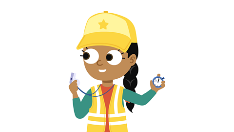  A girl wearing a high visibility shirt, holding a stopwatch and whistle.