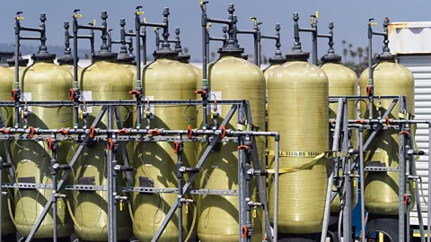 Equatic Yellow electrolysers sit atop Equatic's pilot plant on a barge in the Port of Los Angeles (Credit: Equatic)