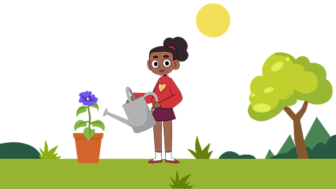 A young girl watering a flower in a pot