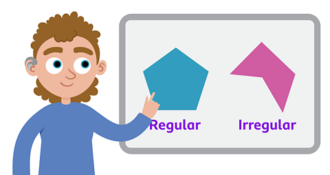 A boy pointing to a regular and irregular polygon