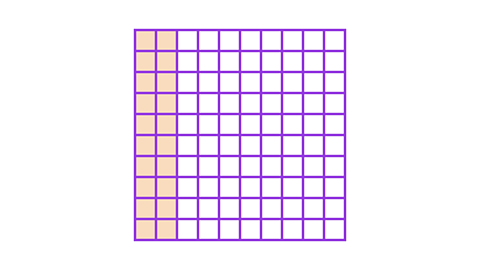 A 100 grid with 20 squares shaded, representing 20% or one fifth.