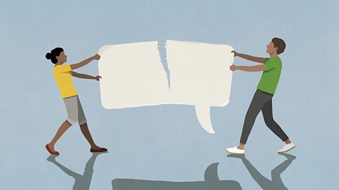 Illustration of two people tearing up a speech bubble to represent poor communication.