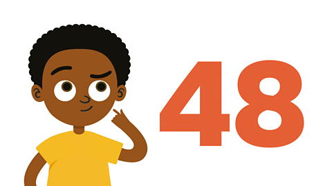 Lucas wearing a yellow t-shirt and looking puzzled at the number '48'.
