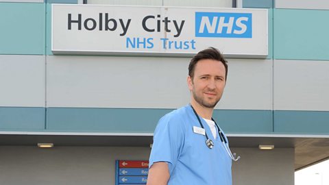 Actor Alex Walkinshaw on the set of Holby City