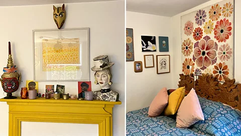 Selina Snow The mantelpiece in Snow's home (left) is adorned with an eclectic mix; in the bedroom, the sculpted headboard is echoed in the flower painting above it (Credit: Selina Snow)