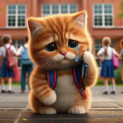 Courtesy of @mpminds Pictures of AI-generated cats in depressing situations have hijacked attention on social media, such as this feline victim of schoolyard bullying (Credit: Courtesy of @mpminds)