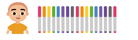 A row of 18 pens with a smiling boy in a t-shirt to the left of them.