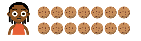 A smiling girl in a t-shirt and trousers standing to the left of two rows containing of 7 cookies each.