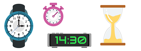 A wristwatch, stopwatch, digital clock and hour glass