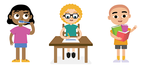 From left to right a child is brushing their teeth, a child studying at a desk and a child carrying their books.