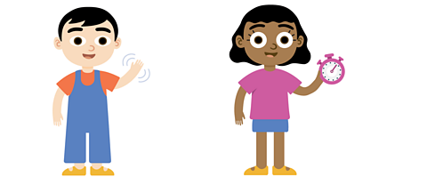 The left image is a boy waving and the right image is a girl holding a stopwatch.