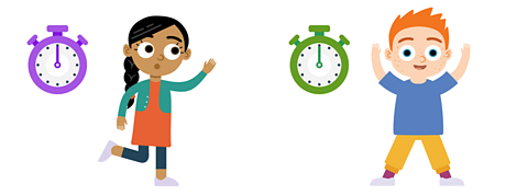 A stopwatch and to the right of a girl hopping on one leg. A boy doing start jumps