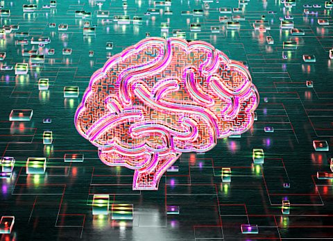 A glass colourful brain illuminated on a background of cubes that are like switches