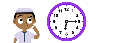 A boy thinking while stood next to a 12-hour clock showing the time quarter past 6.