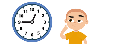 A boy thinking while standing next to a 12-hour clock showing the time quarter to 1