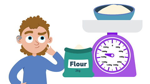A boy is thinking while looking at a bag of flour next to a weighing scale. The scale shows a reading halfway between 1600g and 1800g. 