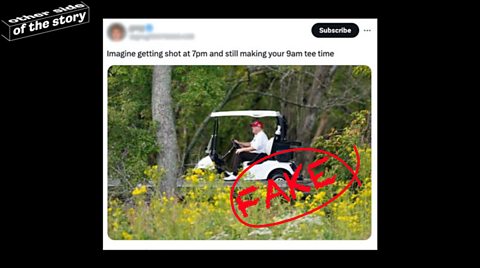 A social media post showing Donald Trump on a golf buggy with the caption 'Imagine getting shot at 7pm and still making your 9am tee time'