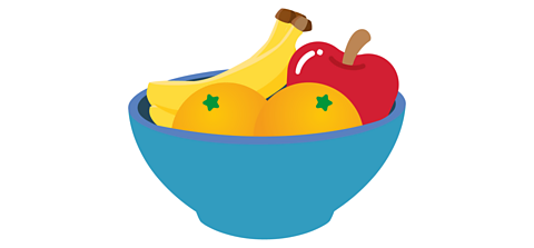 A bowl of fruits containing; two bananas, two oranges and an apple.