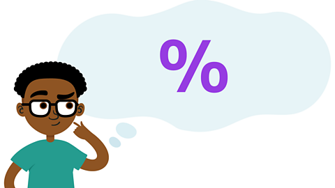 A boy with his finger raised near his mouth and his eyebrow raised in thought. Next to him a thought bubble containing a percentage symbol which consists of a raised 0, then a diagonal line drawn from lower left to upper left and then a 0 which is not raised.