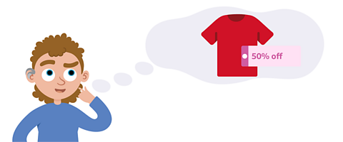 A boy thinking. A thought bubble coming from his head contains a t-shirt with a label that reads 50% off.