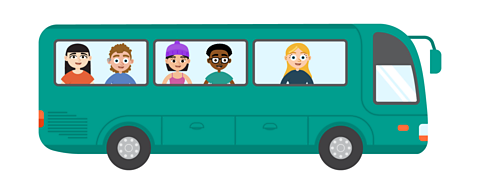 A coach with five children sitting inside, visible through the windows. One of them is wearing a woolly hat.