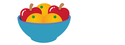  A bowl containing three Oranges and two Apples.