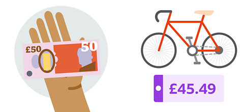 A hand holding a 50 pound note with a bicycle with the price tag 45 pounds and 49 pence