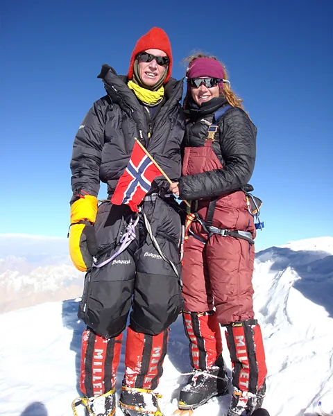 Lars Nessa Lars Nessa and Cecilie Skog at the top of K2 wearing full climbing gear (Credit: Lars Nessa)