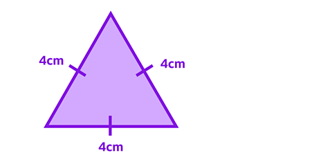An equilateral triangle with tick marks on each side and an arrow pointing to them showing they are tick marks 