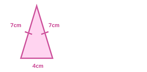 An isosceles triangle with two tick marks and the two equal sides labelled 7cm and the bottom one 4cm 