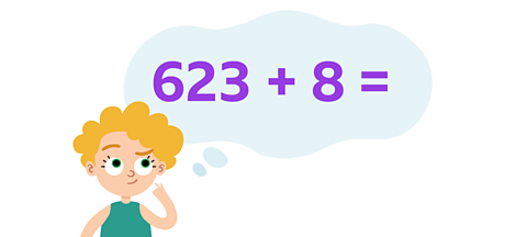 A child stands with an eyebrow raised in thought and they have a finger placed near their head. A thought bubble next to them shows 623 + 8 =.