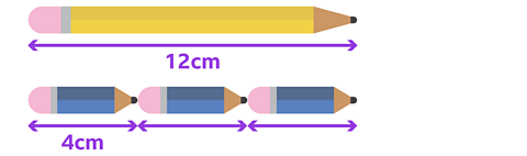 A long pencil has a label showing its length as 12 cm. Below it, three short pencils together are the same length as the top pencil. One short pencil is labelled as 4cm.