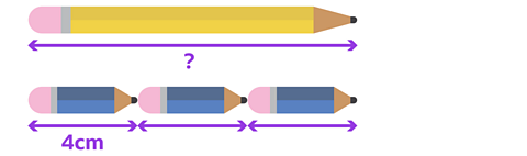 A long pencil at the top has a label showing its length as unknown. Below it, three short pencils are the same length as the top pencil, and one of the pencils is labelled as 4 cm.