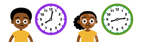 A boy standing next to a clock that shows 2 minutes past 8 o’clock and a girl standing next to a clock that shows quarter past 8.