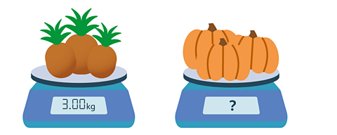 A digital scale with three pineapples weighing 3.00kg and another scale with pumpkins. The pumpkin scale shows a question mark.