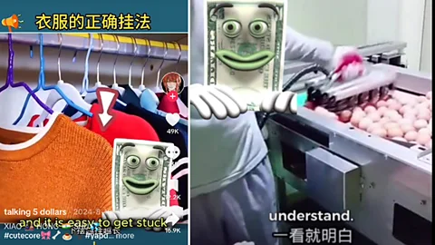 @gangstasportivik-TikTok/ Prognoz Pogodi Many of the memes use an animated bank note to read out AI-generated translations of Chinese social media videos (Credit: @gangstasportivik-TikTok/ Prognoz Pogodi)