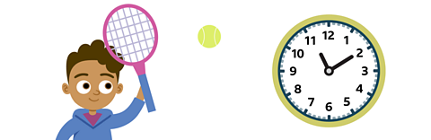 James playing tennis next to a clock that reads 10 past 11