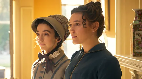 Flashbacks in Miss Austen show young Jane (Patsy Ferran) and Cassandra (Synnøve Karlsen), and the ups and downs they faced (Credit: BBC)